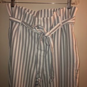 White Gray Striped Dress Pants with Belt